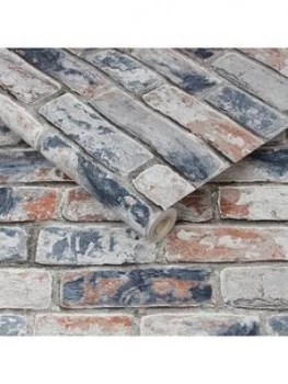 Image of Fresco Distressed Brick Navy Red Wallpaper