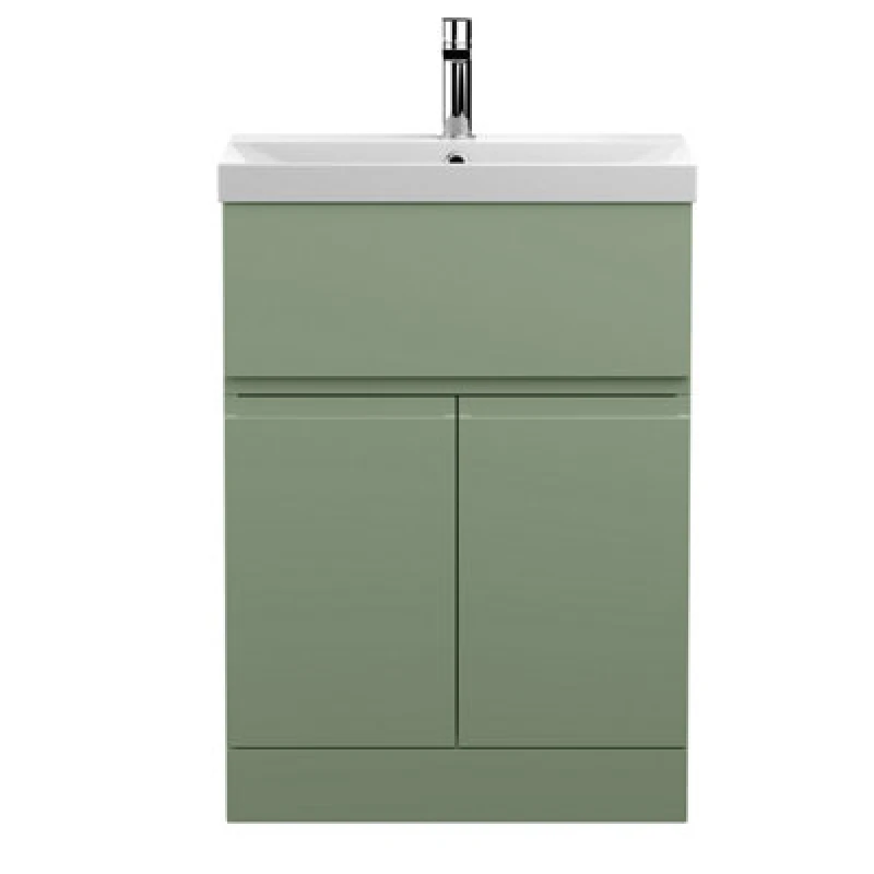 Image of Hudson Reed Urban Floor Standing 2 Door 1 Drawer Vanity Unit With Thin-Edge Basin, Modern Vanity Unit In Satin Green, 600mm