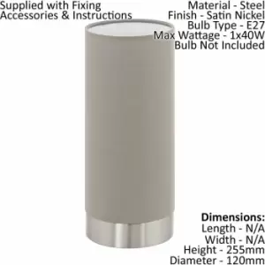 Image of Table Lamp Colour Satin Nickel Shade Taupe Fabric Touch On/Off Bulb E27 1x40W