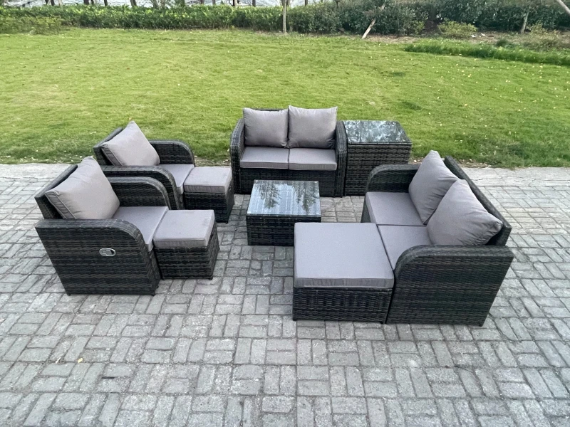 Image of Fimous Garden Furniture Set Rattan Outdoor Lounge Sofa Chair With Tempered Glass Table 3 Footstools Side Table Dark Grey Mixed Dark Grey