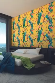 Image of Flowery Peacocks Yellow Matt Smooth Paste the Wall Mural 350cm wide x 280cm high