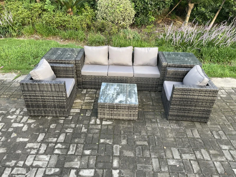 Image of Fimous Wicker 6 Pieces Rattan Garden Furniture Sofa Set with Armchair 2 Side Tables Square Coffee Table Dark Grey