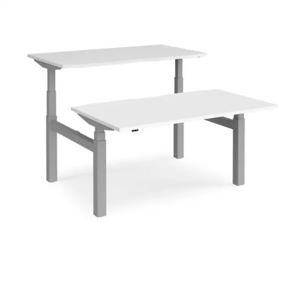 Image of Elev8 Height Adjustable Desk Back To Back Rectangular Desks 1400mm White Tops With Silver Frames Elev8 Touch White EVTB-1400-S-WH