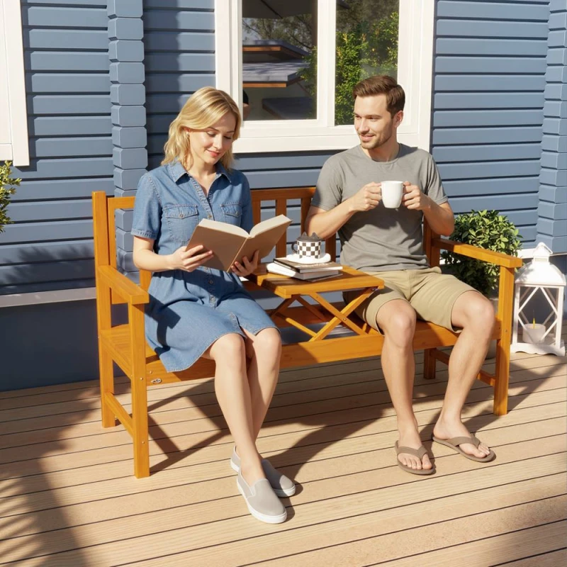 Image of OUTSUNNY Outdoor Bench with Liftable Middle Table, 153cm Wood Garden Bench in Light Brown Light Brown Unisex