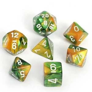 Image of Chessex Gemini Poly 7 Dice Set: Gold-Green/White