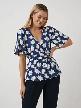 Image of Wallis Floral Wrap Jersey Top - Navy, Blue, Size S, Women