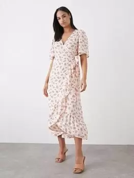 Image of Dorothy Perkins Floral Print Ruffle Wrap Midi Dress - Pink, Size 10, Women