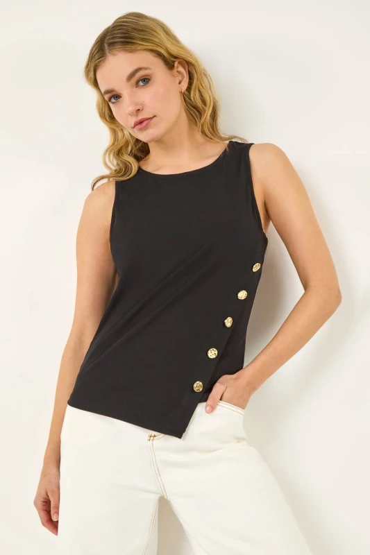 Image of Dusk Womens Asymmetric Button Detail Top in Black Size: 18 Black Female 18