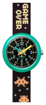 Image of Flik Flak TIME INVADER Black Patten Fabric Strap Black Watch