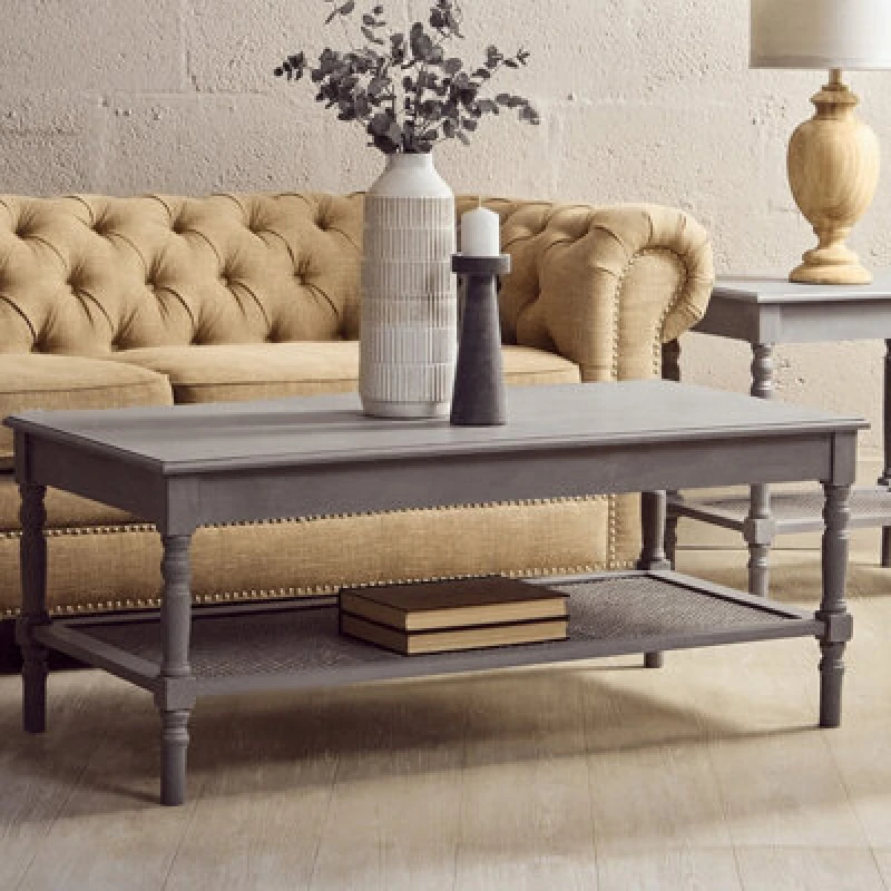 Image of Orsina Traditional Grey Coffee Table, Wood Table For Coffee And Outdoor With Bottom Shelf, Pine Wood Tea Table