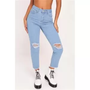 Image of I Saw It First Light Blue Ripped Knee Mom Jeans With Frayed Hem - Blue