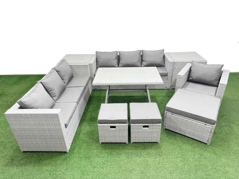 Image of Fimous 10-seater Patio 3 Seater Sofa Armchair Set with 2 Side Tables 3 Stools in Light Grey Light Grey Unisex