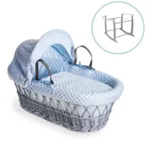 Image of Clair de Lune Dimple Grey Wicker Moses Basket in Blue & Grey Deluxe Rocking Stand - Blue