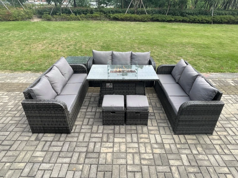 Image of Fimous Rattan Furniture Garden Dining Set Gas Fire Pit Table With Side Table Lounge Sofa 2 Small Footstools Dark Grey Mixed Dark Grey