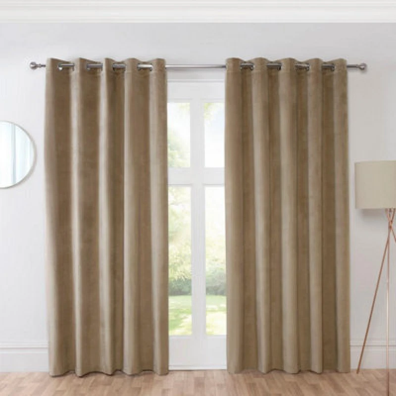 Image of Sundour Casa Blackout Ready Made Solid Colour Eyelet Velvet Curtains Mocha 90X90"