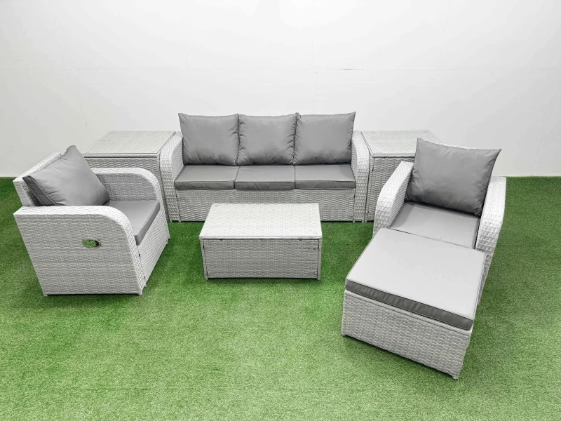 Image of Fimous PE Rattan Garden Furniture Set Reclining Chair Sofa Lounge Sofa Set Oblong Coffee Table 2 Side Table Big Footstool Light Grey Light Grey