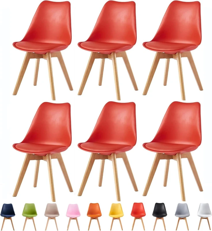 Image of MCC Direct Set of 6 Dining Chairs with Solid Wooden Legs & Seat Cushion Pads in Grey - Eva by MCC in Red Red Unisex