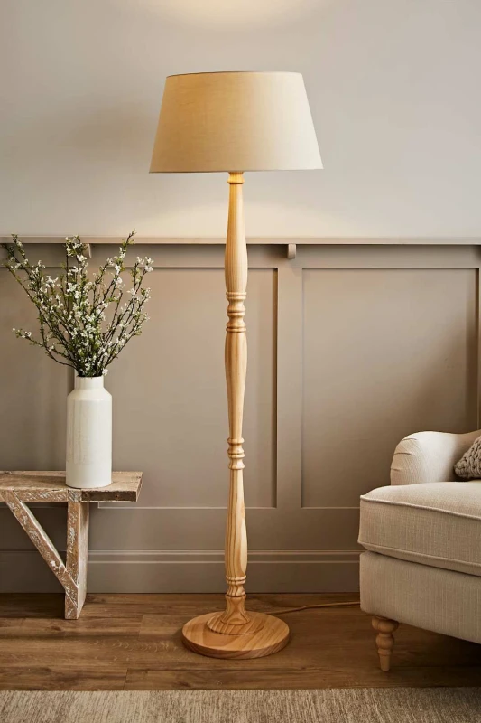 Image of ValueLights Victoria Light Wood Traditional Stem Floor Lamp with Fabric Tapered Shade Cream