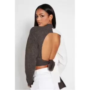 Image of I Saw It First Recycled Colour Block Jumper With Tie Back - Brown