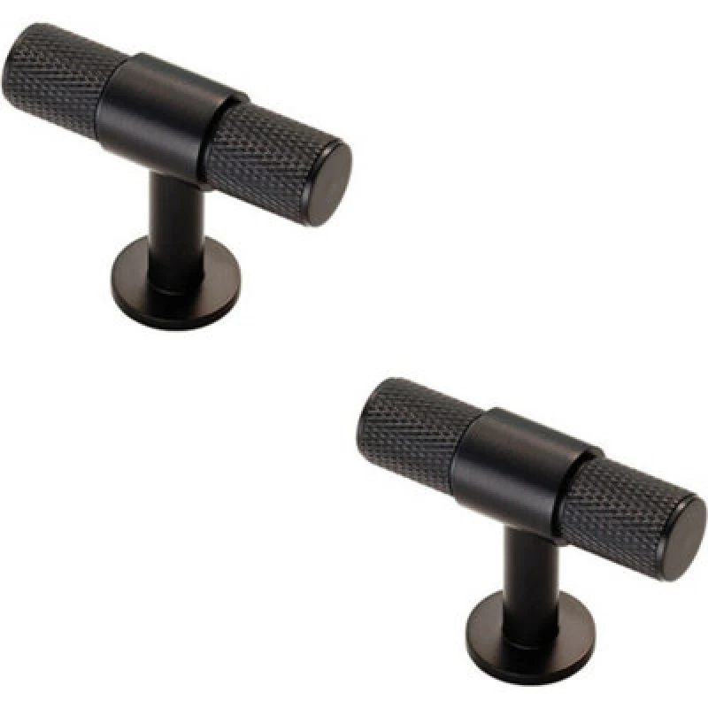 Image of Loops 2x Knurled Cupboard T Shape Pull Handle 50 x 13mm Matt Black Cabinet Handle Black unisex