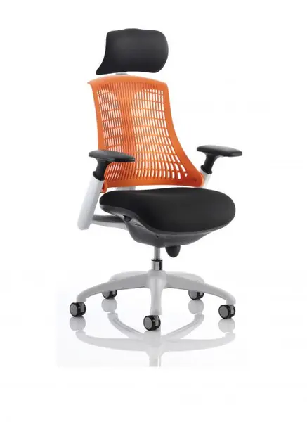 Image of Flex Task Operator Chair White Frame Black Fabric Back With Orange Back With Arms With Headrest