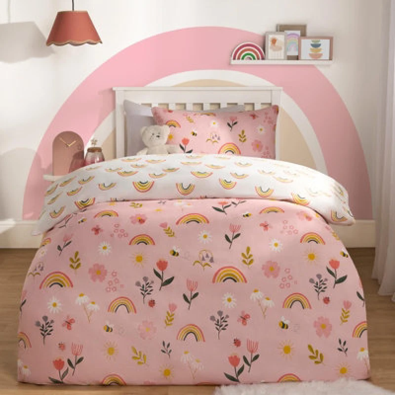 Image of OHS OHS Floral Duvet Cover Bedding Set Pillowcases Rainbow Revesible Quilt in Pink Size: Single Pink Single Unisex 5027434205240
