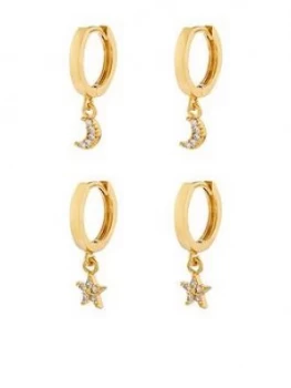 Image of Accessorize Z 2x Star And Moon Huggie Charm Hoop Earrings - Gold, Women