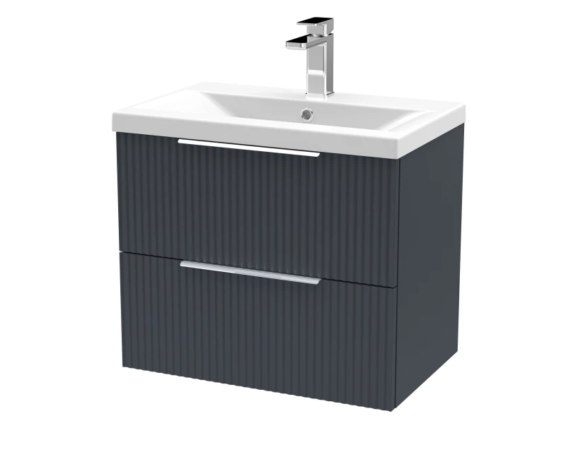 Image of Balterley Fluted Wall Hung 2 Drawer Vanity Basin Unit & Basin 600mm - Dark Grey Grey Unisex