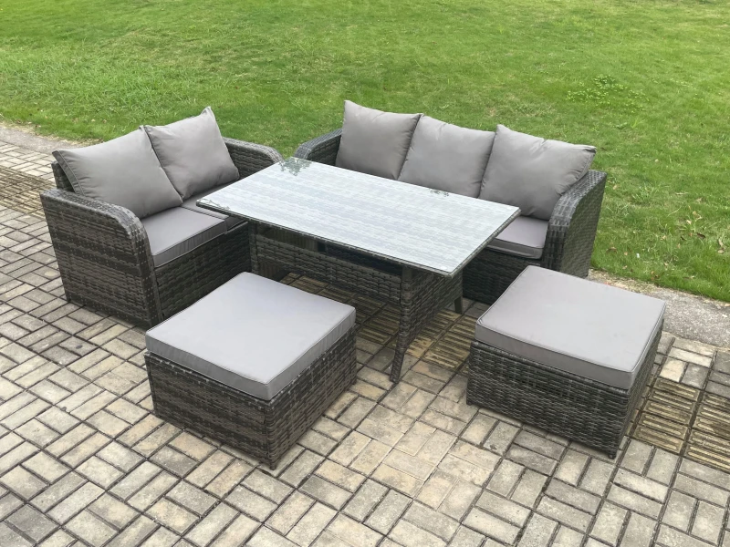 Image of Fimous Outdoor Garden Patio Furniture Wicker Rattan Oblong Rectangular Dining Table & Lounge Sofa set with 2 Big Footstool Dark Grey Mixed Dark Grey U