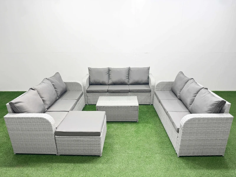 Image of Fimous PE Rattan Lounge Sofa Set 10 Seater Outdoor Garden Furniture Set with Rectangular Coffee Table 3 Seater Sofa Big Footstool Light Grey Light Gre