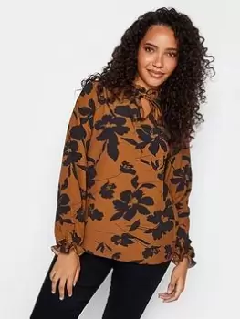 Image of M&Co Floral Tie Neck Blouse - Brown, Size 10, Women