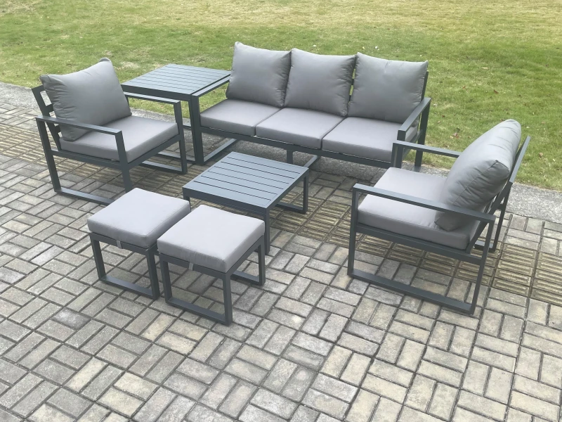 Image of Fimous Aluminium 7 Seater Outdoor Lounge Sofa Set Garden Furniture Sets with Square Coffee Table 2 Chairs 2 Small Footstools Side Table Dark Grey Dark