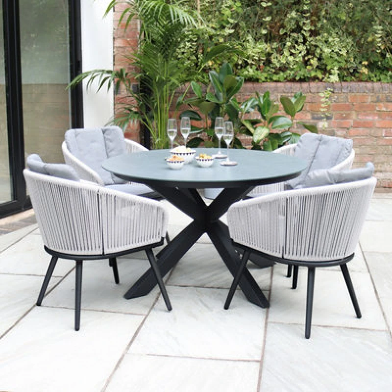 Image of Royalcraft Aspen 120Cm Round Ceramic Grey Top With 4 Rope Chairs