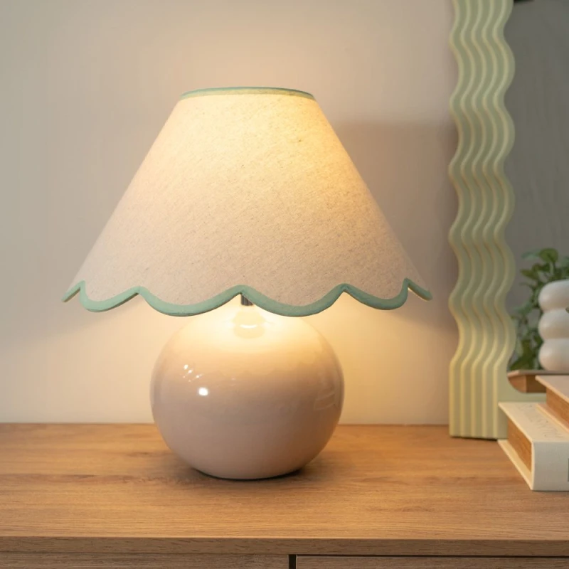 Image of ValueLights Bosco Natural Stone Globe Ceramic Table Lamp with Linen Scalloped Lamp Shade Green