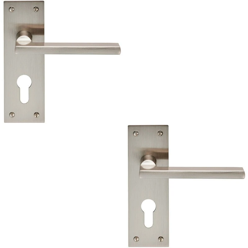 Image of Loops 2x PAIR Straight Bar Handle on Slim Euro Lock Backplate 150 x 50mm Satin Nickel Metallics