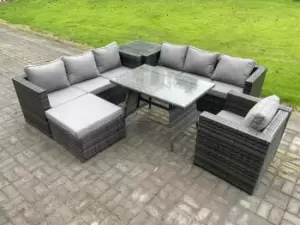Image of Fimous 7 Seater Outdoor Dark Grey Wicker PE Rattan Lounge Complete Sofa Set with Patio Dining Table and Big Footstool
