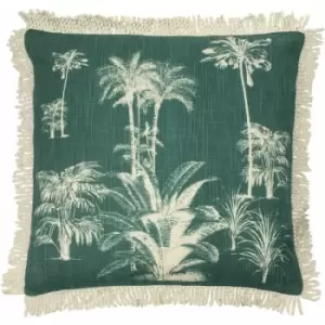 Image of Paoletti Ecuador Palm 100% Cotton Braided Fringe Trim Cushion Cover, Emerald/Natural, 50 x 50 Cm