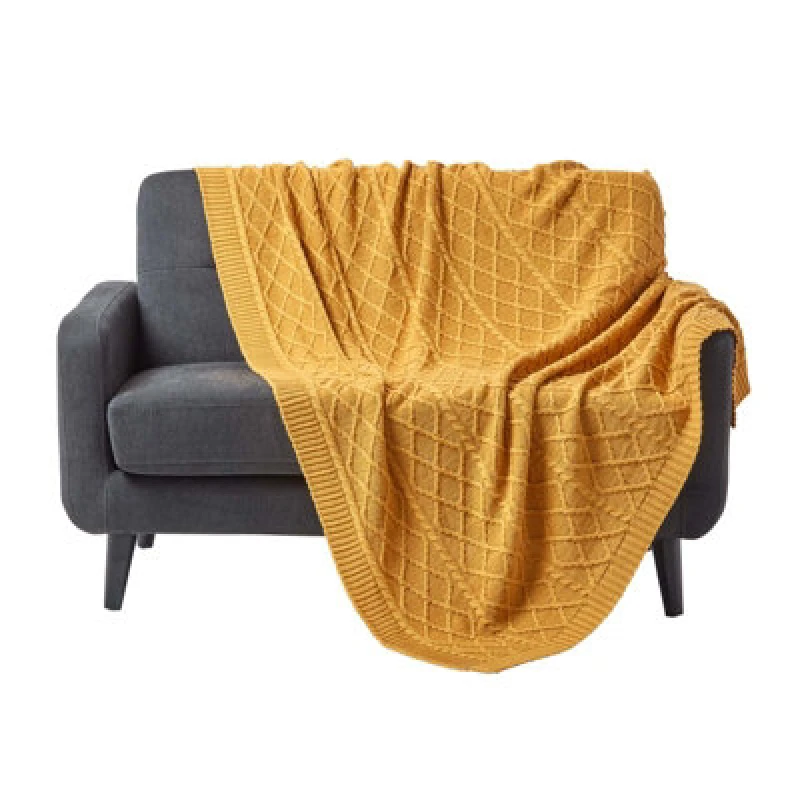 Image of Homescapes Mustard Diamond Cable Knit Cotton Throw, 130 X 170 Cm