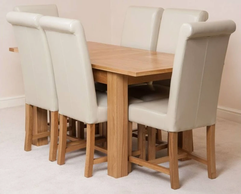 Image of Thats Furniture Hampton 120-160cm Oak Extending Dining Table + 6 Washington Leather Chairs in Cream Cream Unisex