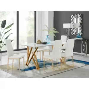 Image of Taranto White High Gloss Dining Table and 6 White Gold Leg Milan Chairs - White