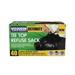 Image of Visqueen Ultimate Tie Top Refuse Sack 80 Litre Black Pack of 40