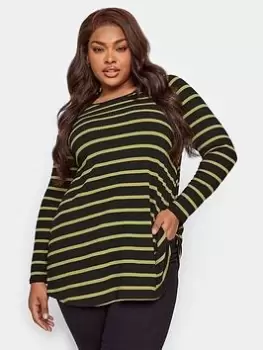Image of Yours Long Sleeve Rib Swing Stripe Top. Black/chartreuse, Black, Size 20, Women