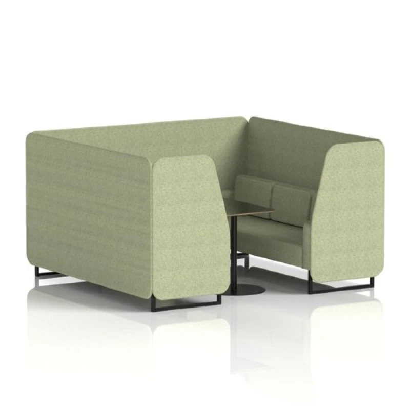 Image of Brixworth 6 Seater Office Booth with Front Panel - Black Legs and Black Table with Black Leg in Rivet Fabric - Burnish Panels and Sofa