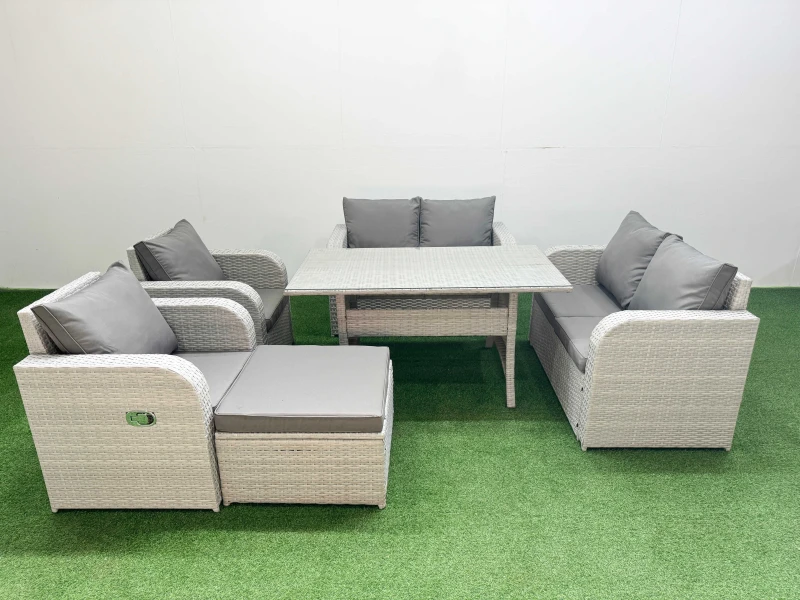 Image of Fimous 7 Seater Outdoor Reclining Chair Love Sofa Set Rattan Garden Furniture Set with Rectangular Dining Table Footstool Light Grey Light Grey