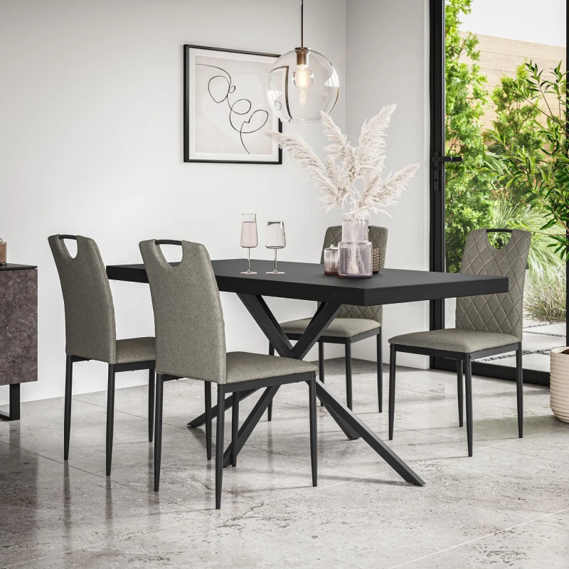 Image of More4Homes Donni Dining Table And Chairs - Black Table Top W Black Legs + Monza Linen Dining Chair Set Of 6 (Grey)