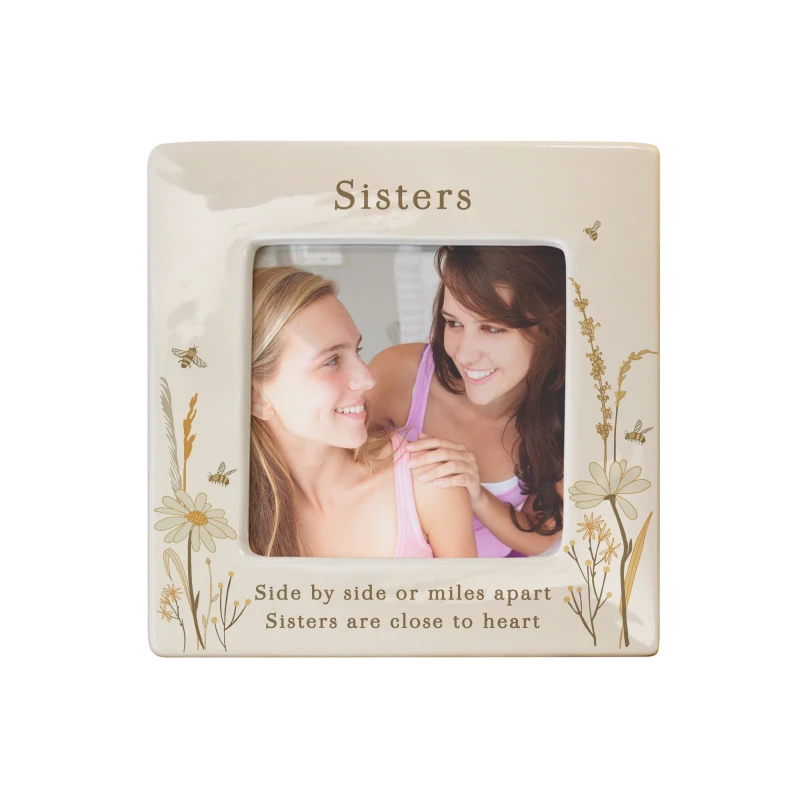Image of Personalised Memento Company Womens Personalised Bees & Daisy Ceramic 4x4 Frame in Beige Beige Female