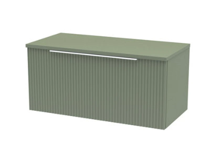 Image of Hudson Reed Fluted Wall Hung 1-Drawer Vanity Unit & Green Laminate Worktop, Counter Top Vanity Unit In Satin Green, 800mm