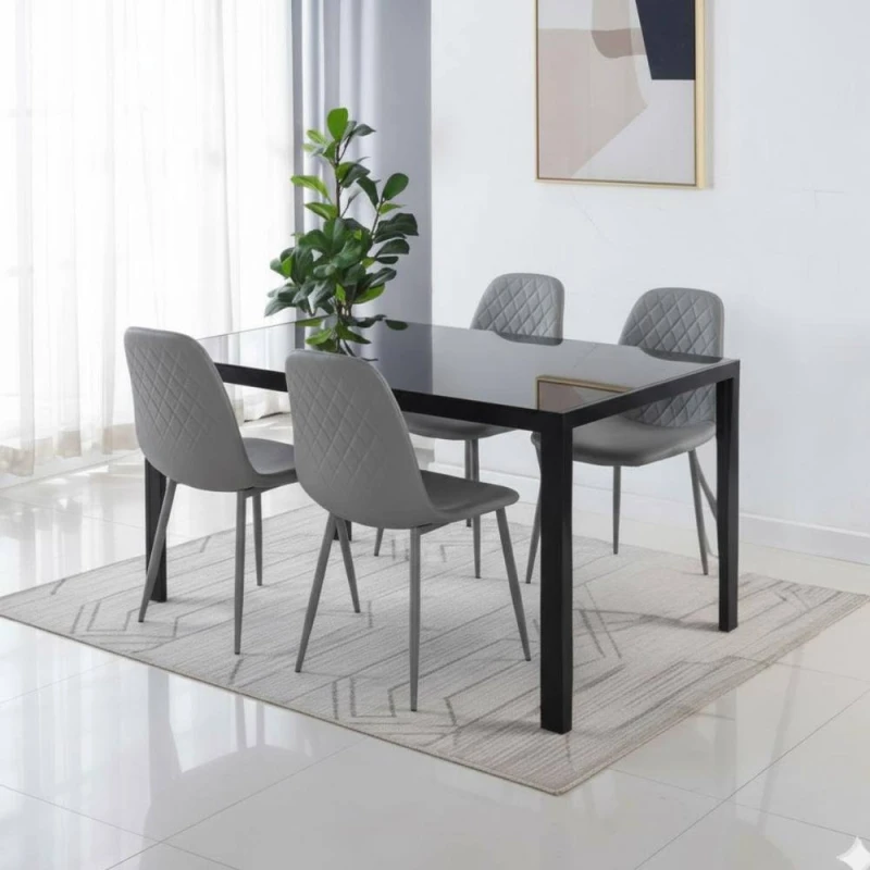 Image of KOSY KOALA Modern Black Glass Dining Table Set with 4 Grey Dining Chairs Size: 120cm x 70cm Black Unisex 120cm x 70 cm