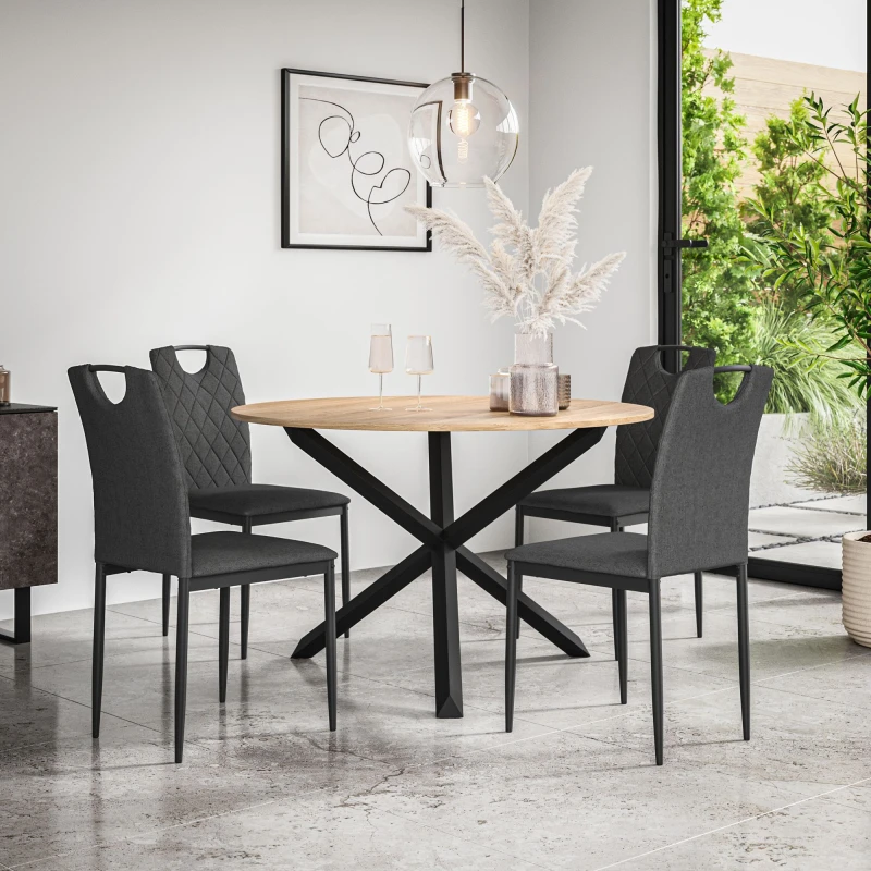 Image of More4Homes Malvern Round Dining Table And Chairs - Oak Table Top W Solid Oak Black Legs + Monza Fabric Dining Chair Set Of 4 (Charcoal)