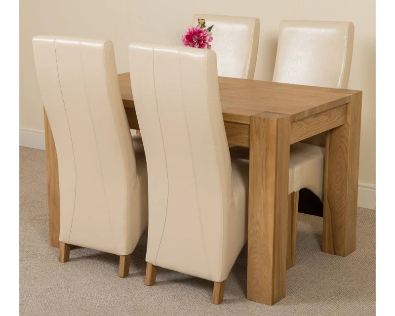 Image of Thats Furniture Kuba 125 x 80cm Chunky Oak Small Dining Table & 4 Lola Leather Chairs in Cream Cream Unisex 125 x 80 cm
